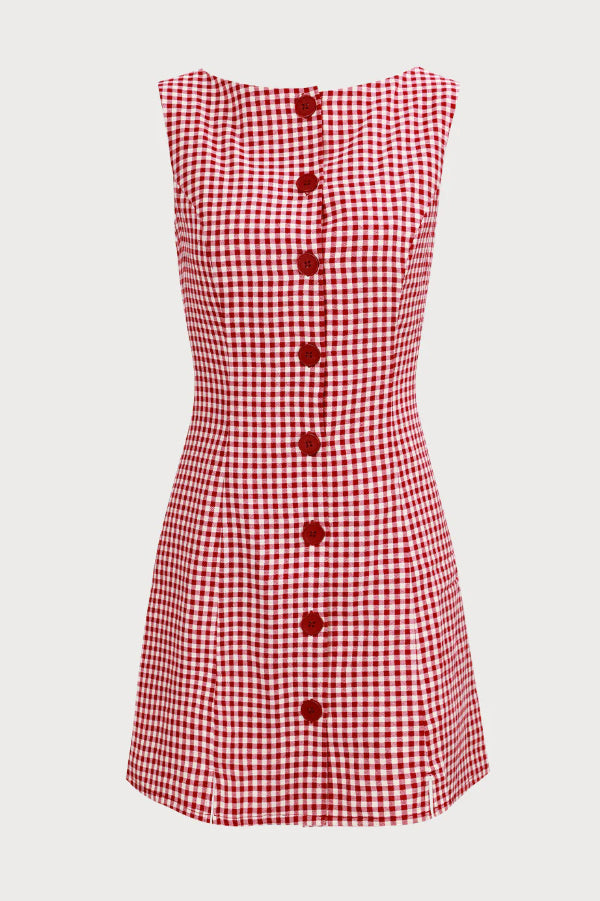 Retro Plaid Print Sleeveless Round Neck Button Casual Mini Dress