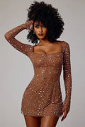 Rhinestone Square Neck Long Sleeve Bodycon Mini Dress