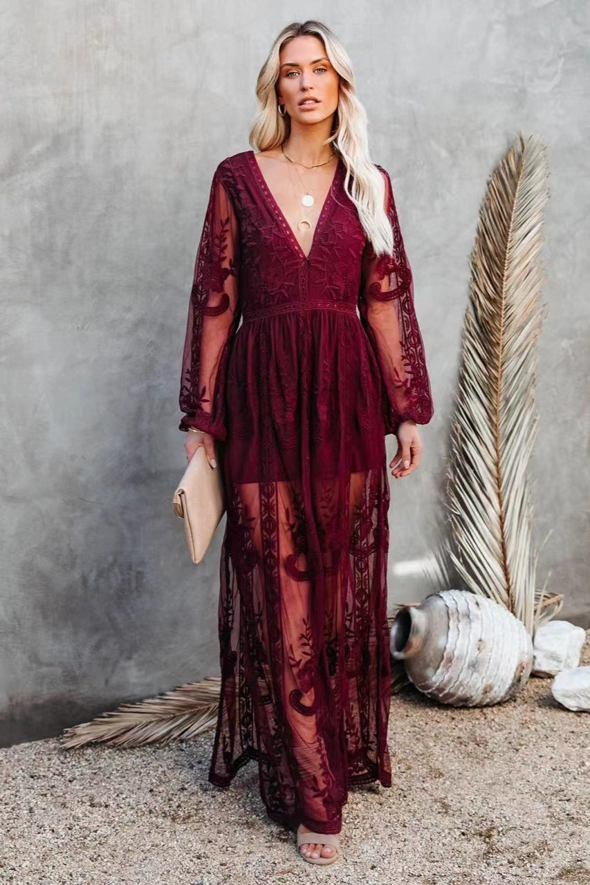 Lace Embroidered Long Sleeve Deep V-Neck Mesh High Split Maxi Dress