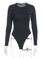 Bodysuit Light Apricot Long Sleeves Piping Stretch Notched Neckline Sexy Cotton Top For Women