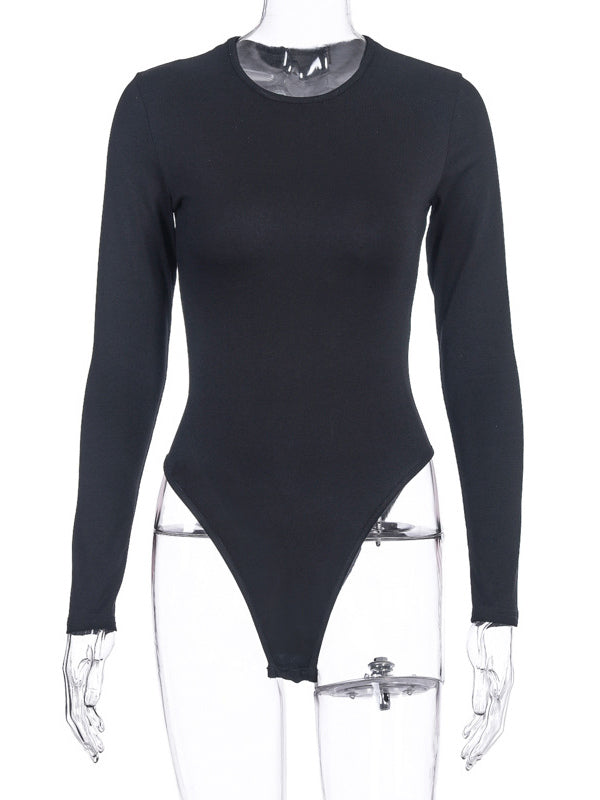 Bodysuit Light Apricot Long Sleeves Piping Stretch Notched Neckline Sexy Cotton Top For Women