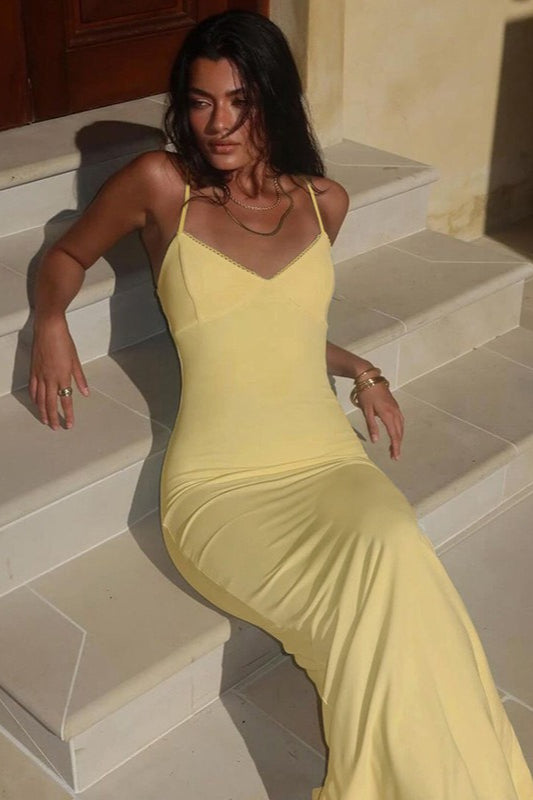 Yellow Spaghetti Strap Sweetheart Neck Scallop Trim Ruched Mermaid Maxi Dress
