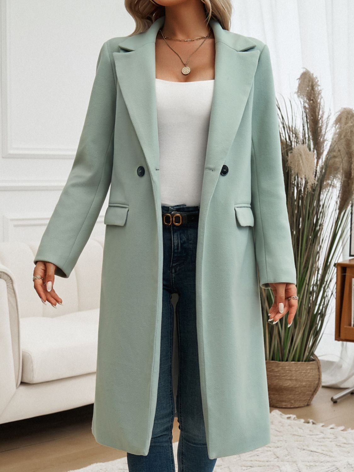 | Long Sleeve Coat with Pockets and Collar