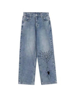 Spider Print Vintage Blue Wide Leg Boyfriend Jeans