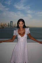 Polka Dot Deep V Bow Front Puff Sleeve Fit and Flare Mini Dress