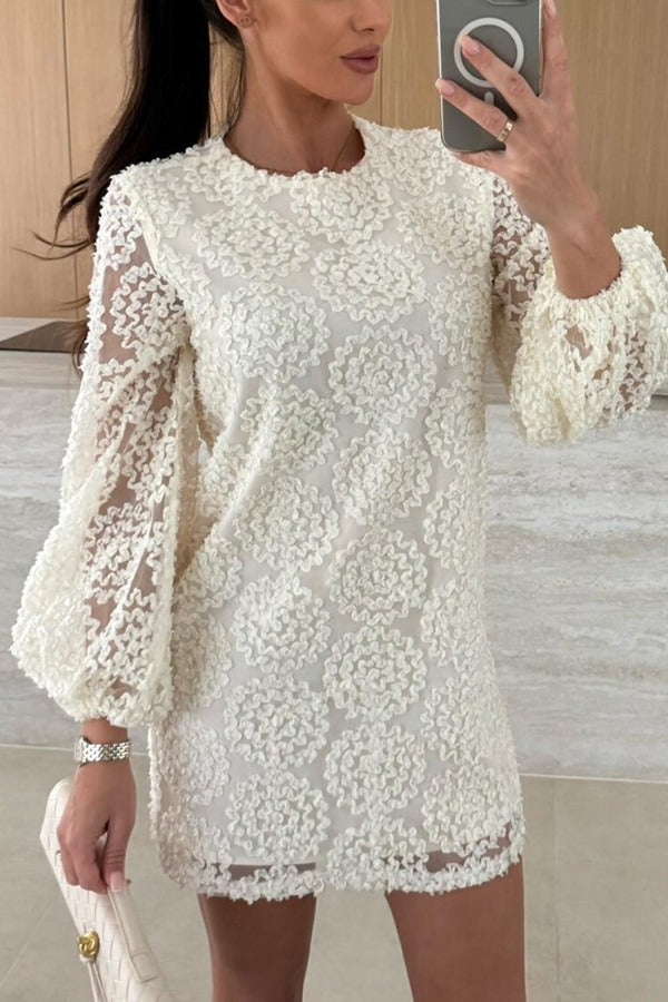 Kimberly Aesthetic Loose Mini Dress with Balloon Sleeves Made From Lace Textured Fabric Elevated Occasion Wear