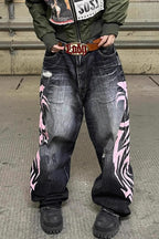 Vintage Printed Washed Distressed Wide Leg Denim Jeans