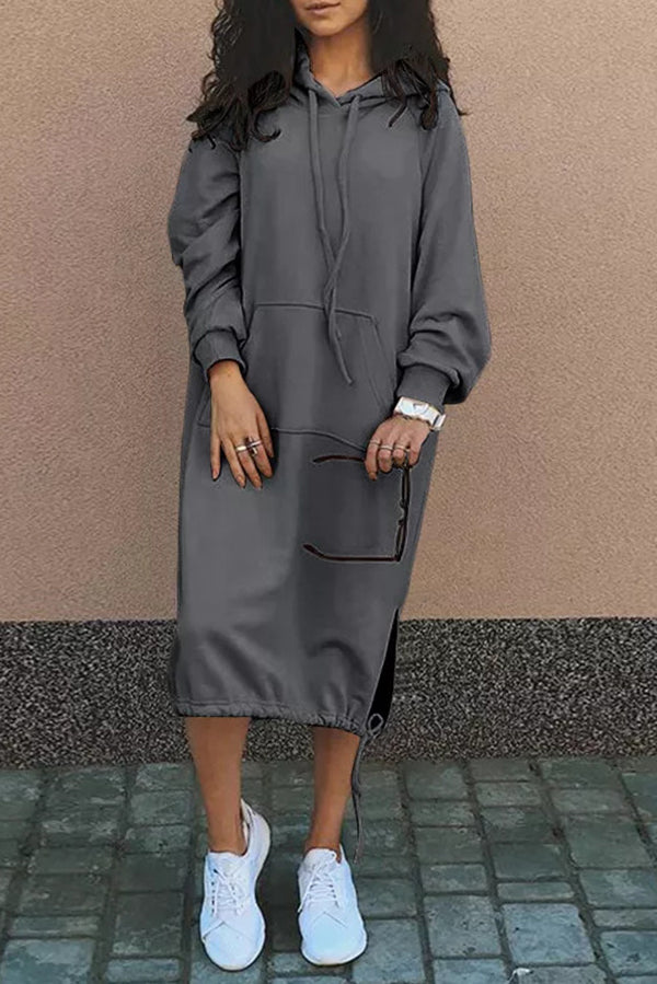 Oversized Hooded Kangaroo Pocket Drawstring Hem Side Slit Midi Sweatshirt Dress