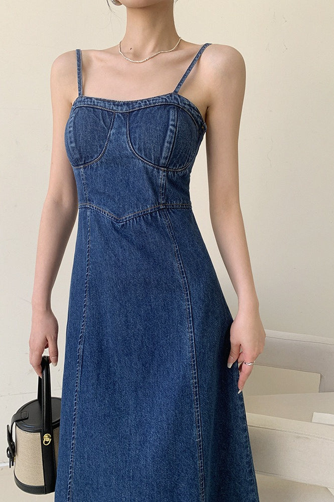 Denim Bustier Spaghetti Strap Panel Seam A-Line Midi Dress