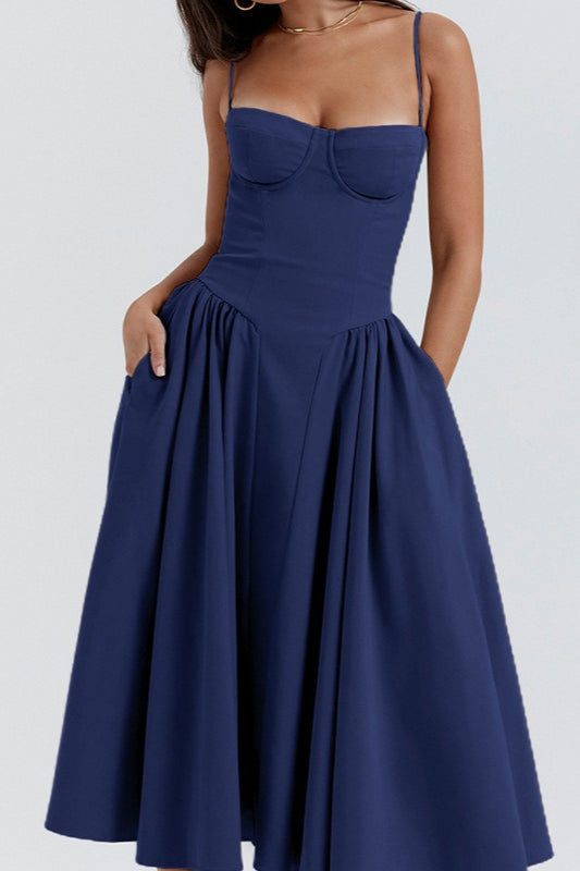 Bustier Spaghetti Strap Basque Waist Pleated Midi Dress