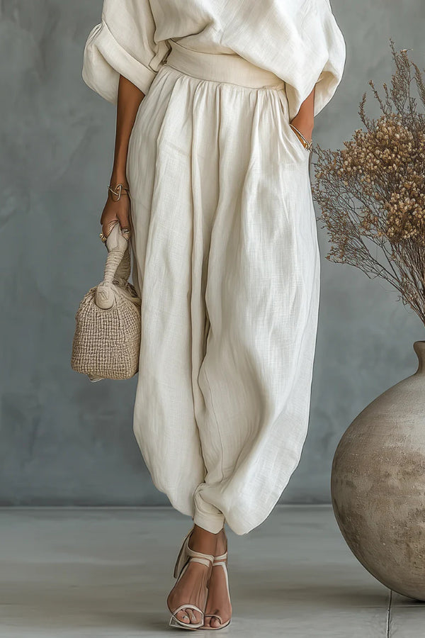 Solid Color Off-shoulder Loose Top and Elastic Waist Casual Pocket Wide-leg Pants Set