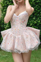 Pink Spaghetti Strap Corset Lace Trim Bubble Skirt Bow Back Mini Dress