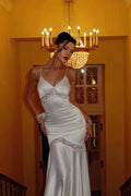 Satin Spaghetti Strap Deep V-Neck Lace Panel Mermaid Maxi Gown