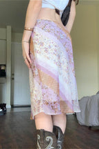 Mesh Spliced Floral Print A-Line Maxi Skirt