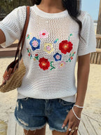 Floral Embroidered Crochet Knit Top
