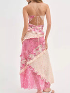 Lace Detail Ruffled Floral V-Neck Maxi Dress