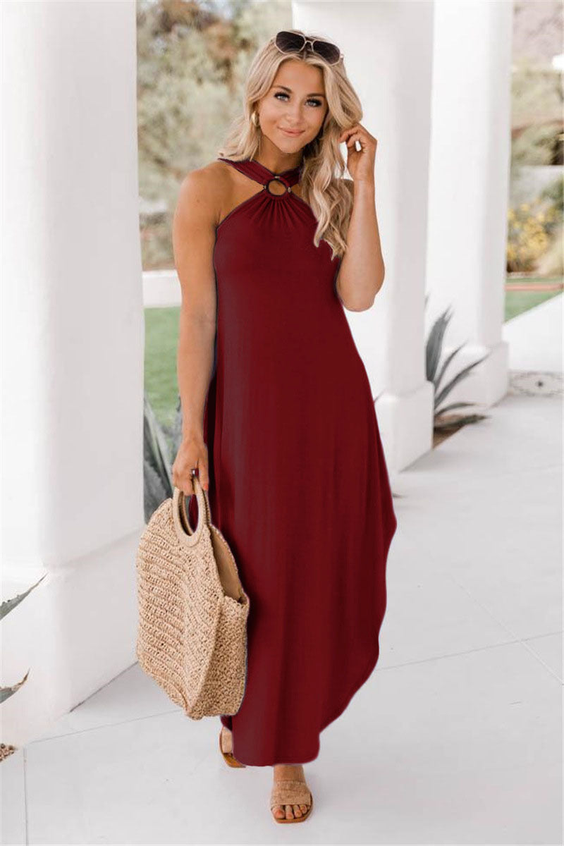 Halter Ring Detail Pocket Sharkbite Hem Jersey Maxi Dress