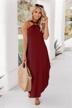 Halter Ring Detail Pocket Sharkbite Hem Jersey Maxi Dress