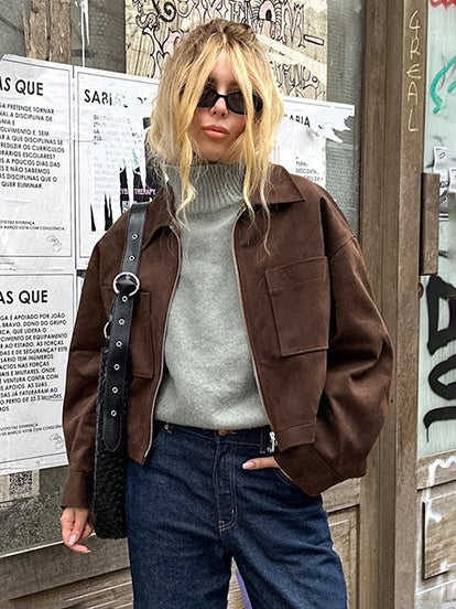 Brown Suede Cropped Zip-up Jacket With Pockets For Women 2026