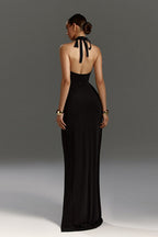 Halter Neck Wrap Ruched High Slit Maxi Dress