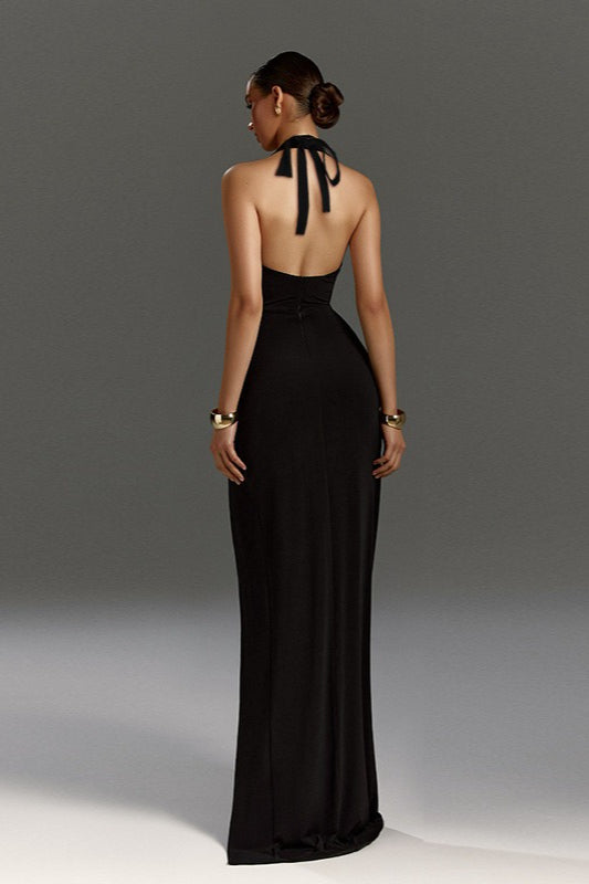 Halter Neck Wrap Ruched High Slit Maxi Dress