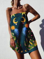 Celestial Serpent Print Spaghetti Strap Square Neck Slip Mini Dress