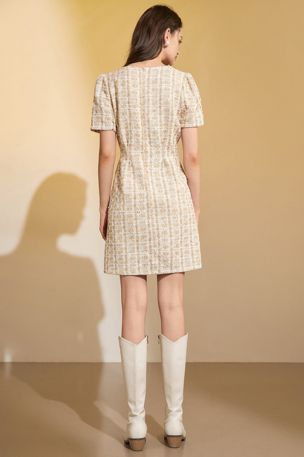 Tweed Grid Pattern Short Sleeve Crew Neck A-Line Mini Dress