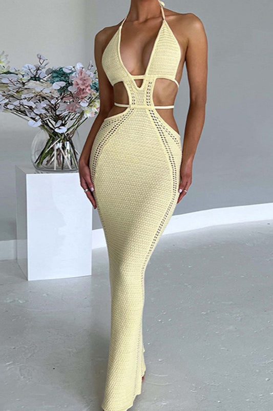 Plunging Halter Neck Crochet Waist Cut Out Open Knit Maxi Dress