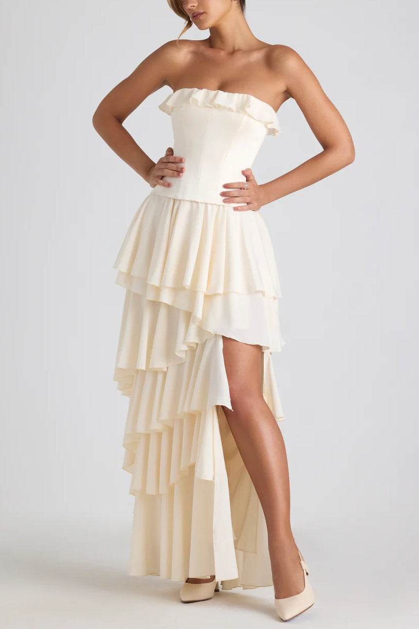 Strapless Ruffle Trim Corset Bodice Tiered Ruffle High Low Split Maxi Dress