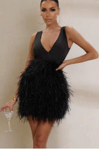 Black Feather Tie Waist Sleeveless Mini Dress