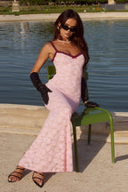 Floral Lace Sweetheart Neck Ruffle Trim Sleeveless Maxi Dress