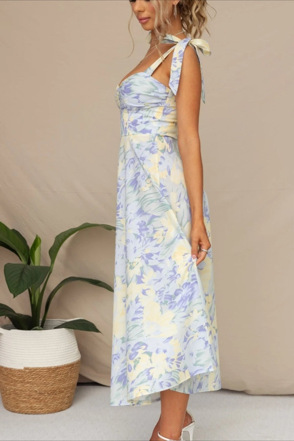 Floral Tie Strap Sweetheart Waist A-Line Summer Midi Dress