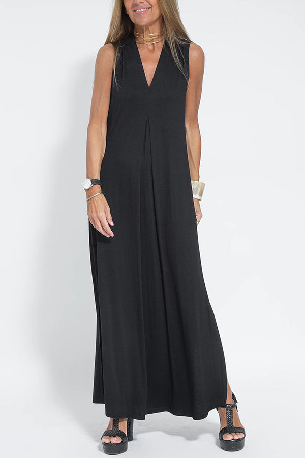 Deep V-Neck Center Pleat Sleeveless Flowy Maxi Dress