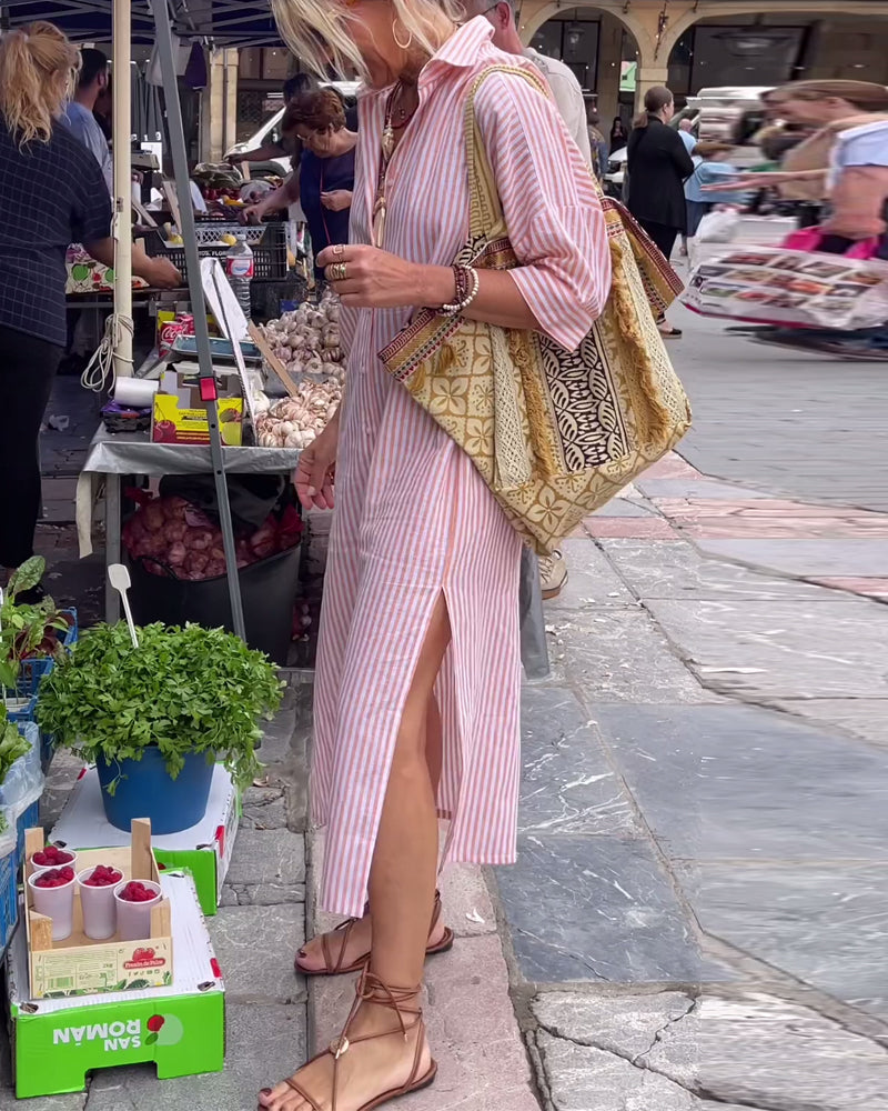 Sonia Effortless Striped Casual Dress with Cuffs and Slits Boutique Collection