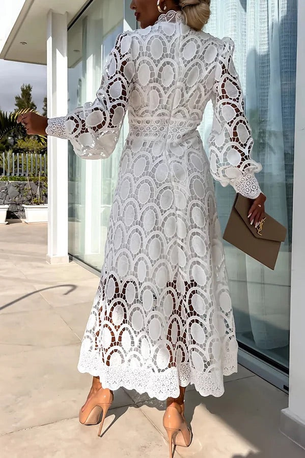 Francisca Premium Romantic, Sensual and Party Midi Dress with Crochet Lace and Lantern Sleeves Chic Silhouette Collection