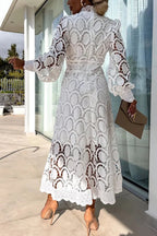 Francisca Premium Romantic, Sensual and Party Midi Dress with Crochet Lace and Lantern Sleeves Chic Silhouette Collection