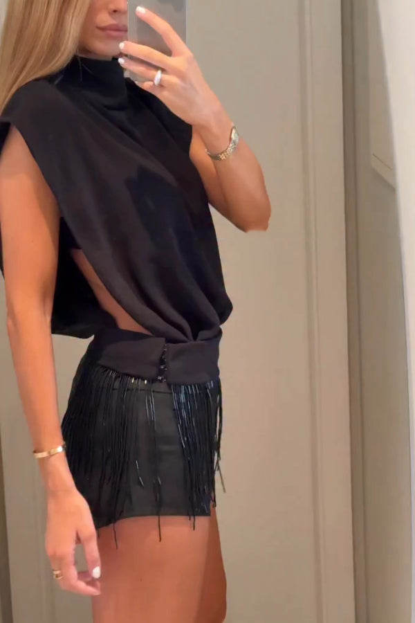 Solid Color Sleeveless Stand-up Collar Top and Casual Fringed Shorts Set