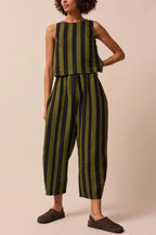 Striped Printed Crew Neck Sleeveless Top and Elastic Waist Wide-leg Pants Set