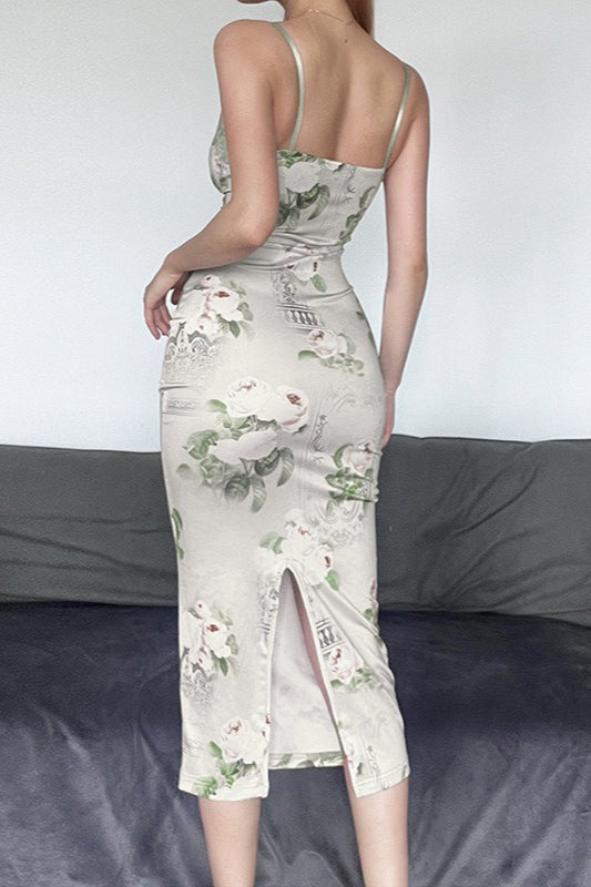 Floral Print Lace Trim Spaghetti Strap Bustier Bodycon Midi Dress