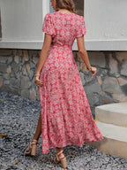 Floral Boho Short Sleeve Wrap Maxi Dress - V Neck Belted High-Low Flowy Sun Dress - Summer Beach Vacation 2026