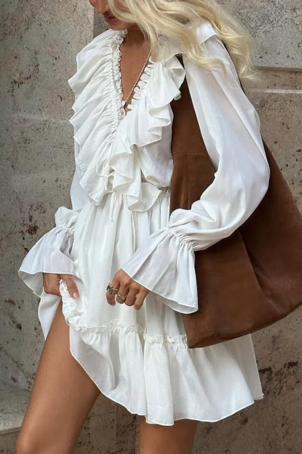 Solid Color V-neck Ruffled Ruched Long-sleeved Vacation Mini Dress