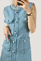 Pearl Embellished Neckline Button Front Fringe Trim Tweed Mini Dress