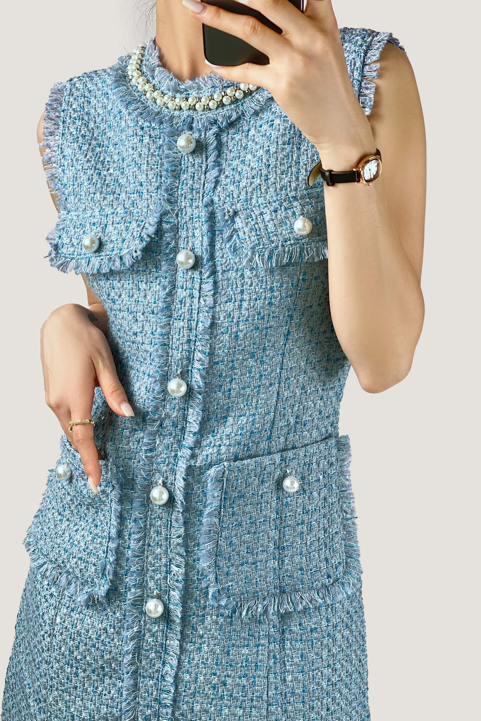 Pearl Embellished Neckline Button Front Fringe Trim Tweed Mini Dress