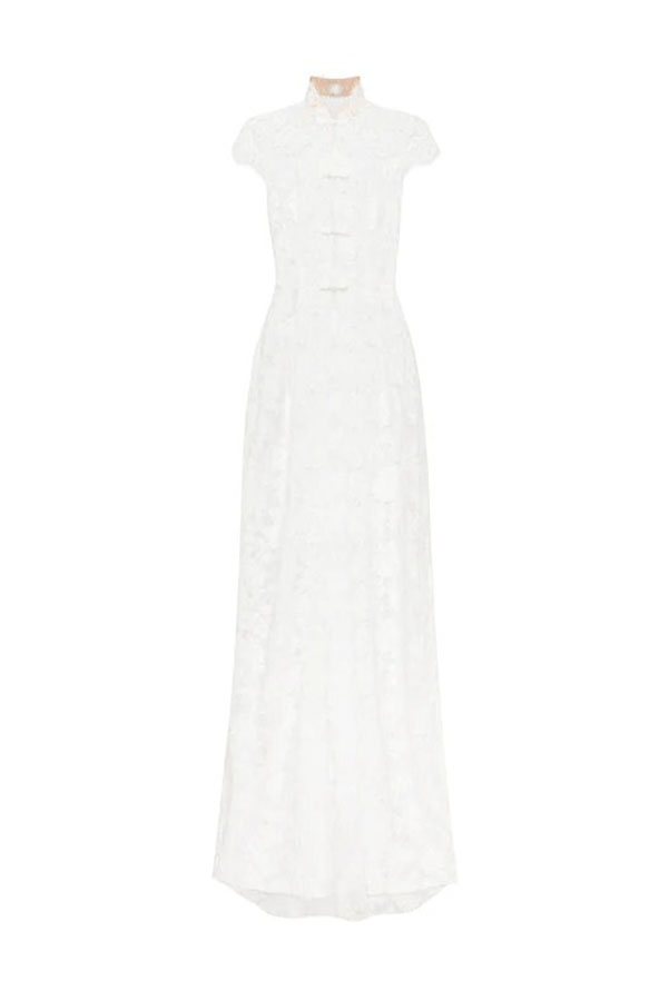Saphina Floral Lace Pipa Knot Detail Short Sleeve Center Front Slit Maxi Top