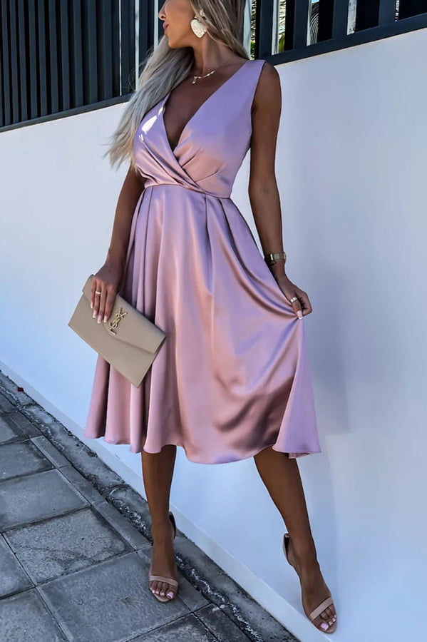 Satin Wrap V-Neck Ruched Waist Fit and Flare Midi Dress