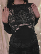 Rhinestone Floral Print Oversized Long Sleeve Tee