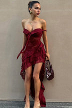 Lace Off Shoulder Ruffled Tier High-Low Hem Maxi Dress