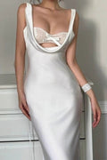 Satin Cowl Neck Lace Bustier Bow Accent Bodycon Maxi Gown