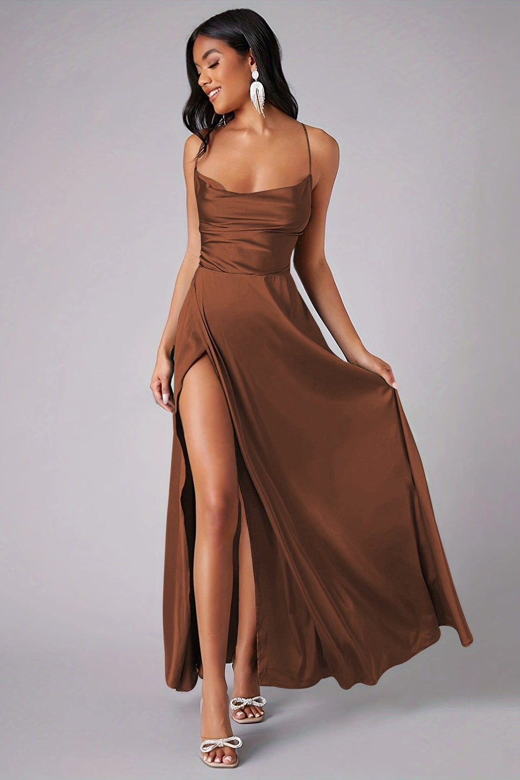Satin Cowl Neck Spaghetti Strap High Slit A-Line Maxi Gown