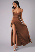 Satin Cowl Neck Spaghetti Strap High Slit A-Line Maxi Gown